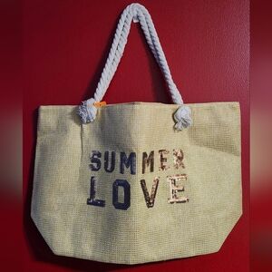 NWT Rose Gold & Beige Burlap Glitzy & Sequin graphic Beach Bag with Rope Handles